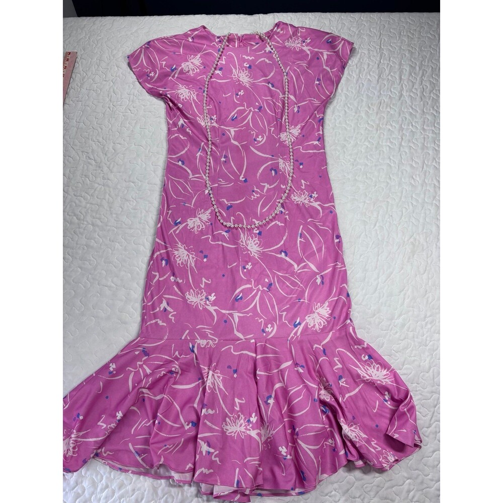 Vintage Glamax Pink 80’s Pearl Necklace Floral Zipper Back Dress size 9/10